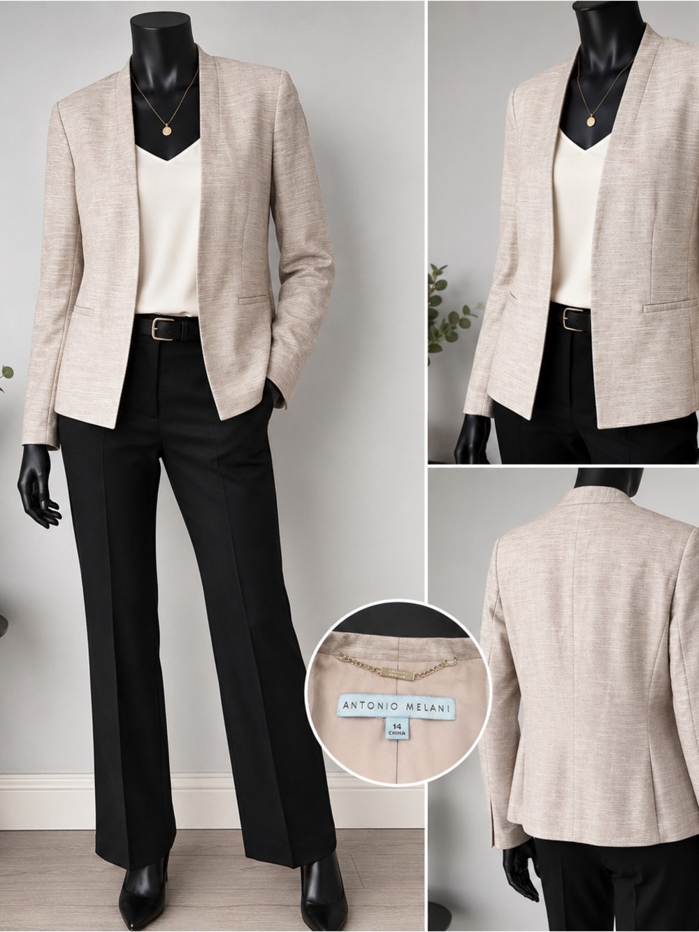 Antonio Melani Blazer Womens 14 Beige Textured Open Front Tailored Career Jacket